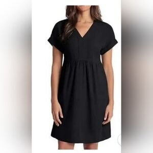 Briggs Ladies' V-neck Rolled short sleeve Linen Blend Dress Pockets black medium